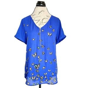 Apt. 9 Womens Blouse Size Large Blue Butterfly Print Popover Zipper Short Sleeve